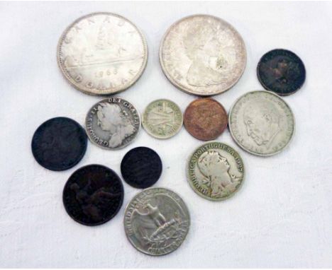 A small collection of antique and later coinage including 1745 Lima Shilling, 1885 One Third Farthing (Colonial), 1957 Austra