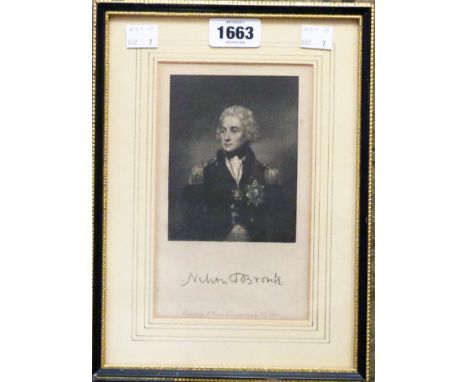 A small Hogarth framed monochrome engraving portrait of Nelson, with name under
