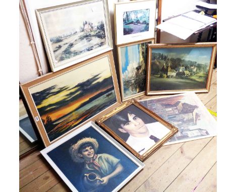A quantity of vintage framed coloured prints, portrait and photograph