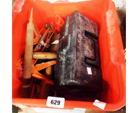 A crate of assorted hand tools including screwdrivers, pliers, chisels, etc.
