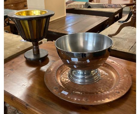 Modern oak and brass finish planter together with a plated punch bowl and a copper charger.  (3)  (B.P. 21% + VAT) 