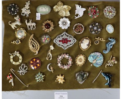 Collection of vintage and other brooches, to include: man in the moon, mother of pearl, animals, Queen 1953 etc.  (B.P. 21% +