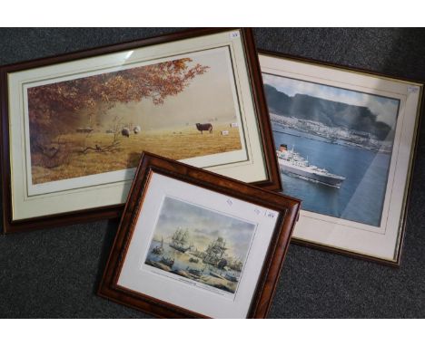 Large photographic print of the RMS Windsor Castle, framed and glazed, together with a large coloured print after Peter James