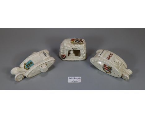 Three items of Crested Ware, to include: model of a British tank and another model of a tank marked HMLS together with Tommie