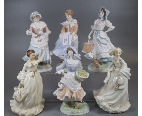 Four Royal Worcester bone china figurines, to include: a farmer's wife, 'Rosie picking apples' etc.  together with two Royal 