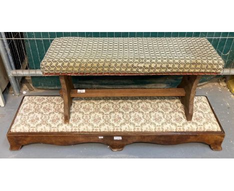 19th century mahogany fender stool with tapestry drop in seat together with a trestle ended stool with padded seat.  (2)   (B