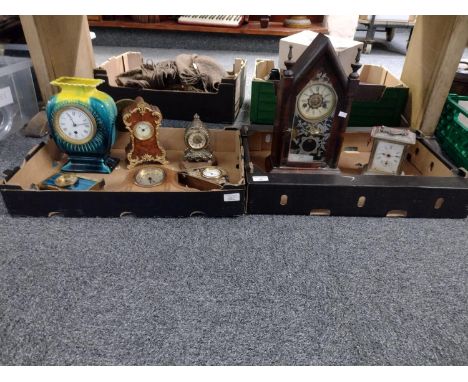 Two boxes of clocks, to include: metal carriage clock, various small mantle clocks with enamelled Oriental decoration, French