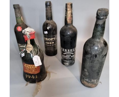 Collection of five vintage Ports in distressed condition, to include: Porto Dalva House Reserve 1941, Croft Vintage Port 1963