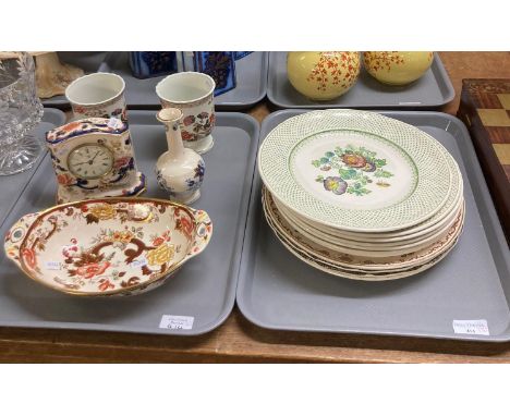 Four trays of china, to include: modern Chinese polychrome vases, Staffordshire dresser jugs, Mason's Mandalay mantle clock a