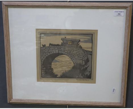 Hesketh Hubbard, Romany gypsy caravan on a bridge, woodblock print, signed in pencil by the artist.  21x24cm approx.  (B.P. 2
