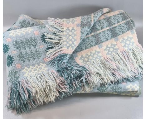 Vintage woollen pale blue ground Welsh tapestry blanket or carthen in traditional Caernarfon design with fringed edge. (B.P. 
