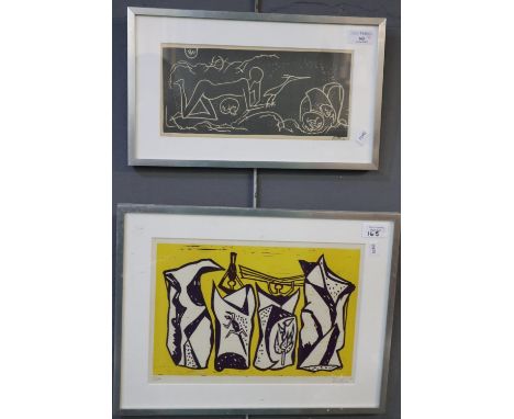 Battip, two screen print studies, figure with bird and abstract with figures and lizard, limited editions, signed in pencil b