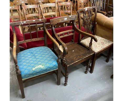 Two similar early 19th century oak elbow chairs, one with stick back one with ball and rail back, together with an 18th centu
