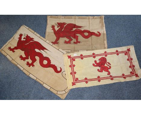 Three vintage county flags, two with dragons and one with upright lion.  (B.P. 21% + VAT) 