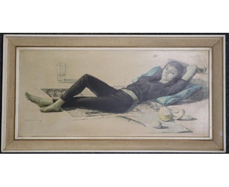 After Vladimir Tretchikoff, 'Beatnik Girl', full length portrait of a reclining young woman, coloured print. 44x93cm approx. 
