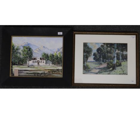 Sidney Carter (20th century), a woodland byway with birches, signed, watercolours.  28x39cm approx.  Together with E R Sander