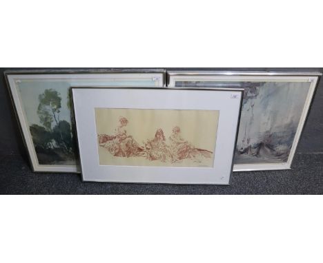 After Sir William Russel Flint, three prints, being river landscape, interior study and portrait of three women, all signed i