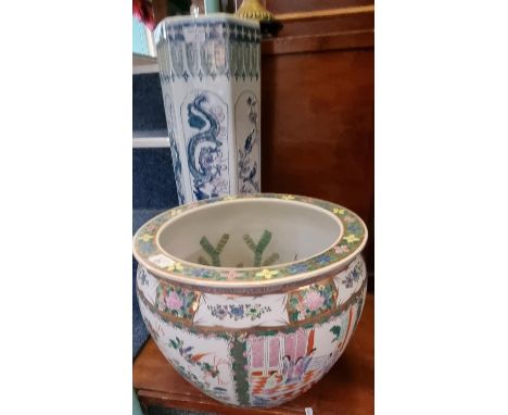 Oriental design porcelain stick stand decorated with exotic birds, flowers and dragons(62cm high approx.) together with a mod