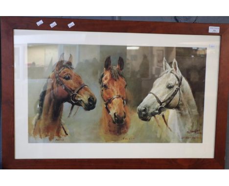 After S L Crawford, 'Arkle, Red Rum and Desert Orchid', coloured print signed in the plate.  35x63cm approx. Framed and glaze