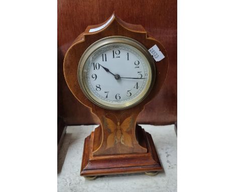 Edwardian inlaid mahogany back winding balloon shape boudoir mantel clock with Arabic white face on brass feet. (B.P. 21% + V