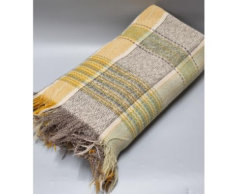 Vintage woollen check fringed blanket or carthen. (B.P. 21% + VAT)  Multiple small stains, some pin prick holes, two raw edge