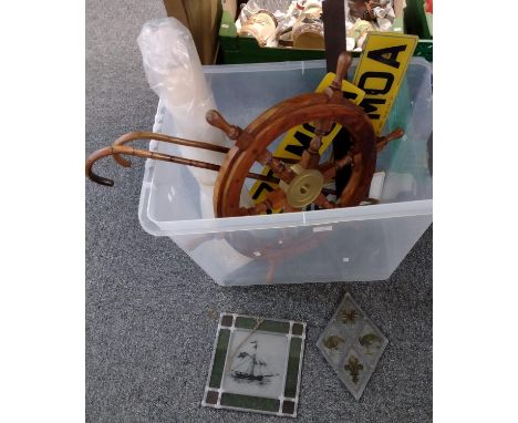 Large plastic box containing ship's wheel, walking canes, old prints, stained glass, vintage engineers right angle ruler, car