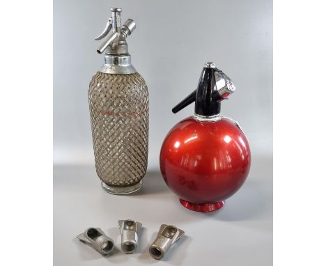 Vintage soda syphon with metal wicker design body marked 'Sparklets Makers, London', together with a 'Globemaster Sparklets' 
