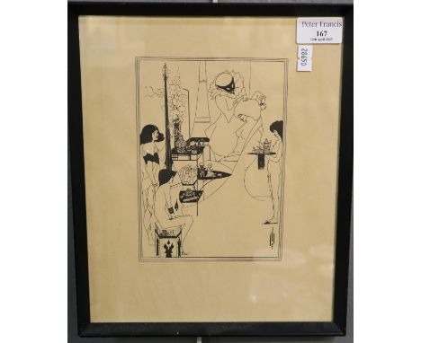 After Aubrey Beardsley, mildly erotic study of figures in an interior, monochrome print.  18x13 cm approx.  (B.P. 21% + VAT) 