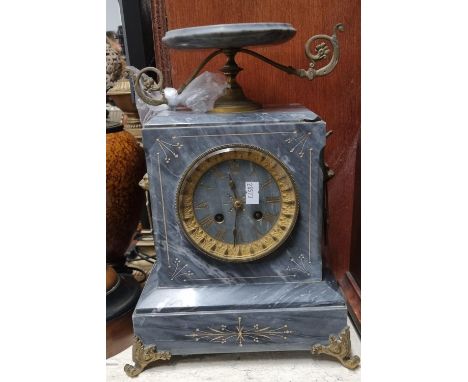 Grey marble two train Empire style mantle clock with two handled urn pediment.   (B.P. 21% + VAT) 