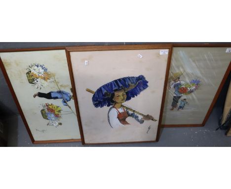 Japanese School, three portrait studies of women with flower baskets and children, pastels and watercolours.  61x47cm approx.