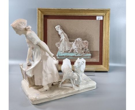 Continental porcelain white glazed figure group of a farm girl with two goats on square naturalistic base together with a wat