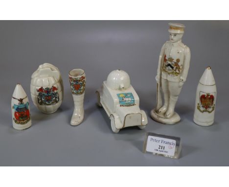 Collection of Crested ware items, to include: Shelly China 329 model of an armoured car, shell cases, grenade, boot and soldi