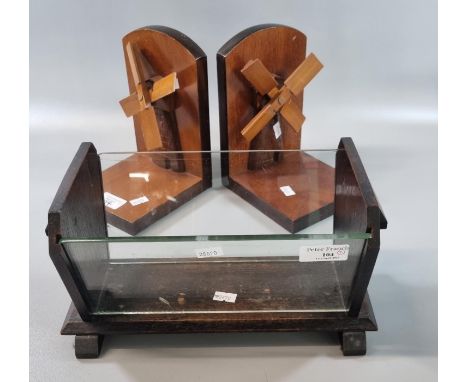 Art Deco design oak geometric planter with glass panels together with novelty bookends in the form of windmills.  (2)(B.P. 21