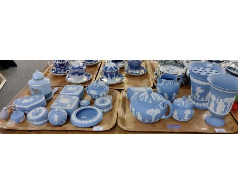 Two trays of mostly Wedgwood Jasperware items to include: trinket boxes, perfume bottle, pill box, lidded urn, teapot, vases,