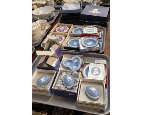 Collection of Wedgwood blue and white Jasper Ware items, all appearing in original boxes, to include: trinket dishes, bells e
