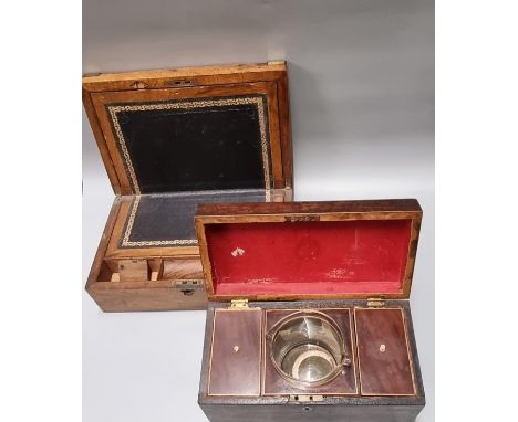 Early 19th century mahogany tea caddy with glass bowl together with a Victorian walnut and brass banded writing slope.  (2)  