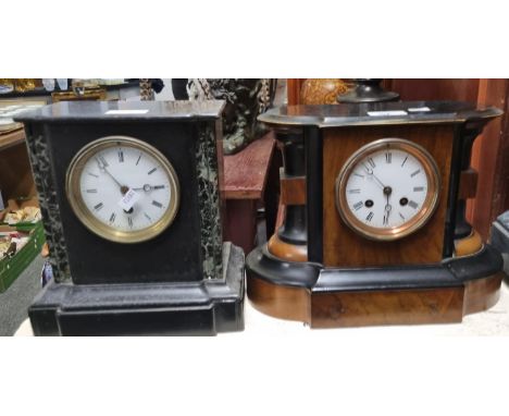 Late Victorian single train black slate and marble mantle clock with white enamel Roman face together with a ebonised wooden 