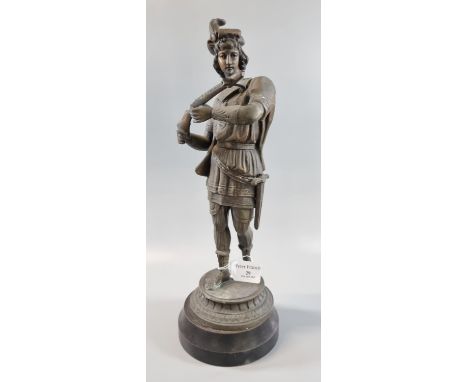 Early 20th century bronzed spelter figure of a 17th century figure with cross bow.  Overall 37cm high approx.   (B.P. 21% + V