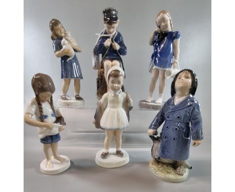Six Royal Copenhagen porcelain figurines of young children, one with kittens. Varying shape numbers. (6) (B.P. 21% + VAT)Boy 