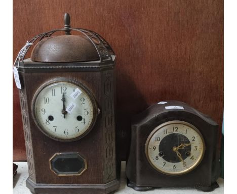 Oxidised metal two train lantern design mantle clock with Arabic face, together with a Bakelite two train Smiths mantle clock