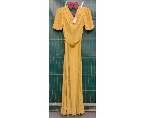 Vintage 1930's mustard colour long dress with ruched sleeves and belt. (B.P. 21% + VAT)Some small stains - an ink mark to the