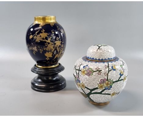 French Limoges gilt and enamel blue ground baluster vase on stand together with a 20th century modern Chinese cloisonné ginge