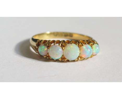 A Victorian 18ct Gold and Opal Five Stone Ring, Chester  1899, size P, 3.7g 