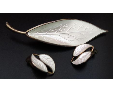 A Danish Sterling Silver and Enamel Leaf Brooch with matching clip earrings, stamped D-A and W in a circle 