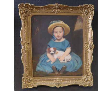 Victorian Portrait of Seated young Girl holding a Terrier, English School, C19th Oil on Canvas, 78 x 64cm, Ornate Gilt Frame 