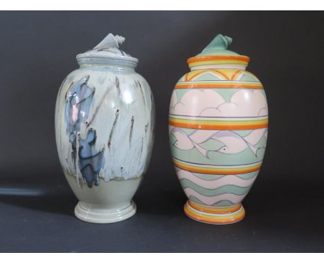 Two Poole Pottery Decorated Vases and Covers with shell finials, 28.5cm, boxed 