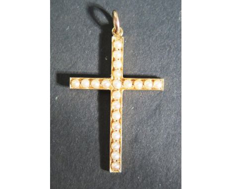 A 14K Yellow Gold and Pearl Cross Pendant, 39mm drop, 2.6g 