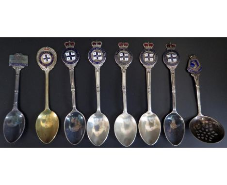 A Set of Five Electroplated Silver and Enamel THE PACIFIC STEAM NAVIGATION COMPANY, H.M.S. FURIOUS sugar sifter, R.M.S. QUEEN
