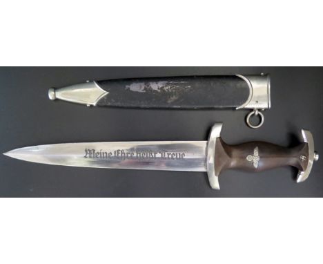 A WWII German SS Dagger with Scabbard by Böker, stamped 1 to the guard, 347mm overall length. Brought back by Trooper Alfred 