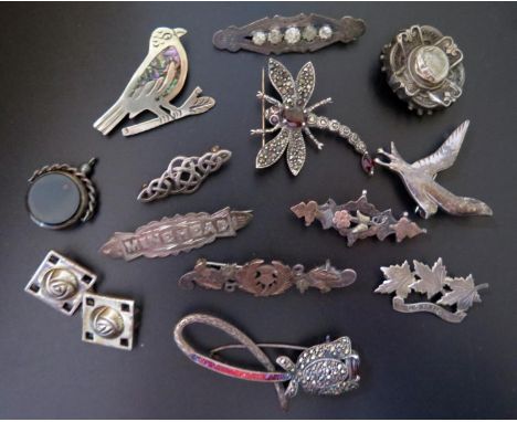 A Selection of Silver and other Brooches etc. including silver, marcasite and enamel flower brooch (c. 52mm), insect brooch e